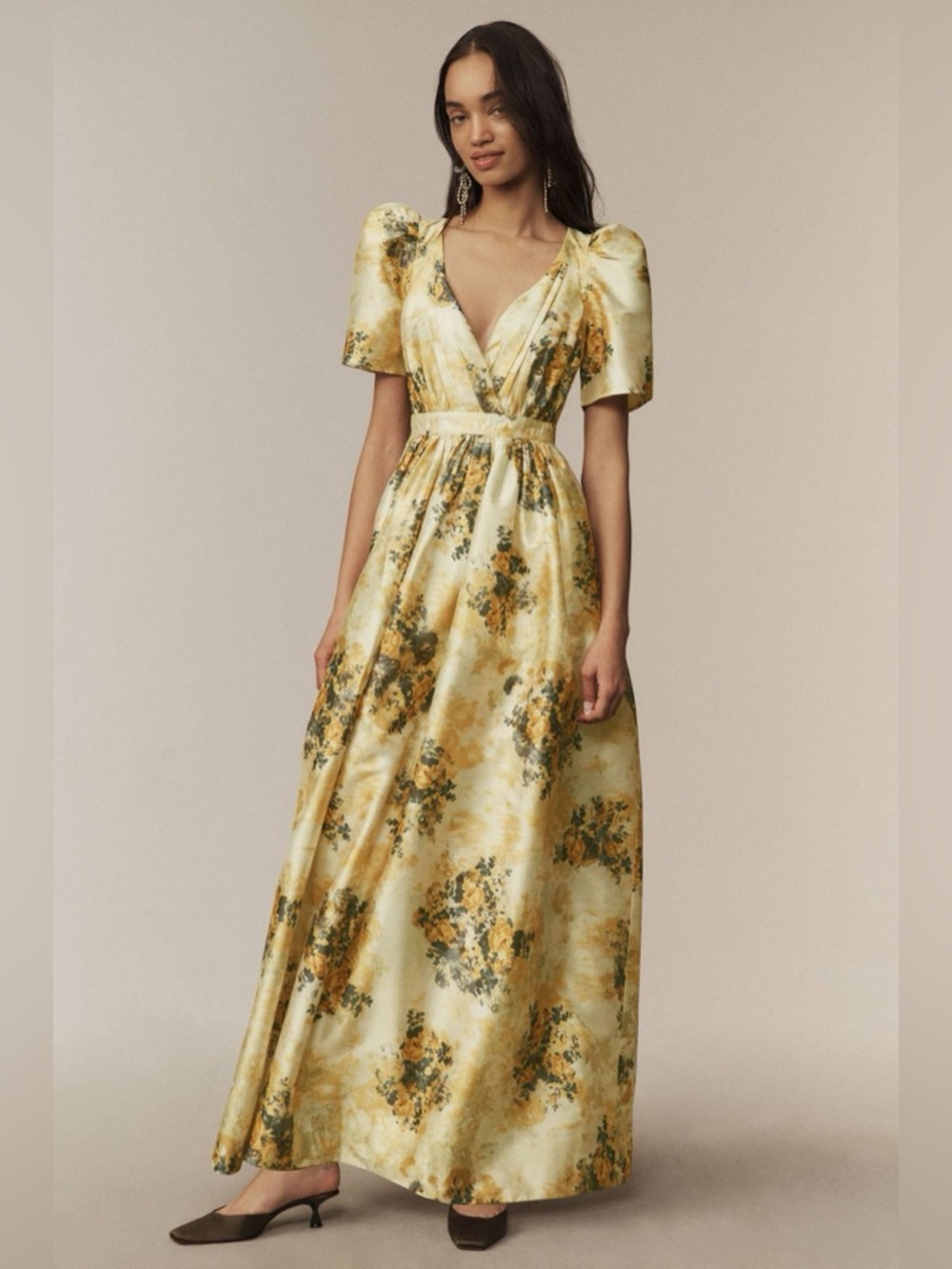 NEW BHLDN Aurora Puff-Sleeve Taffeta Maxi Dress Yellow Floral Sz 4 Anthropologie